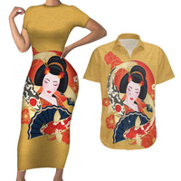 Japanese Geisha Koi Fish Couples Matching Short Sleeve Bodycon Dress and Hawaiian Shirt Cherry Blossoms Yellow Seigaiha Pattern - Wonder Print Shop