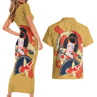 Japanese Geisha Koi Fish Couples Matching Short Sleeve Bodycon Dress and Hawaiian Shirt Cherry Blossoms Yellow Seigaiha Pattern - Wonder Print Shop