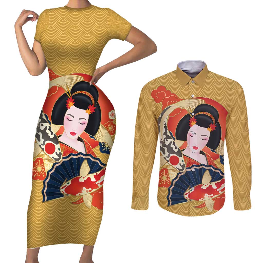 Japanese Geisha Koi Fish Couples Matching Short Sleeve Bodycon Dress and Long Sleeve Button Shirt Cherry Blossoms Yellow Seigaiha Pattern - Wonder Print Shop