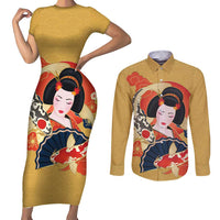 Japanese Geisha Koi Fish Couples Matching Short Sleeve Bodycon Dress and Long Sleeve Button Shirt Cherry Blossoms Yellow Seigaiha Pattern - Wonder Print Shop