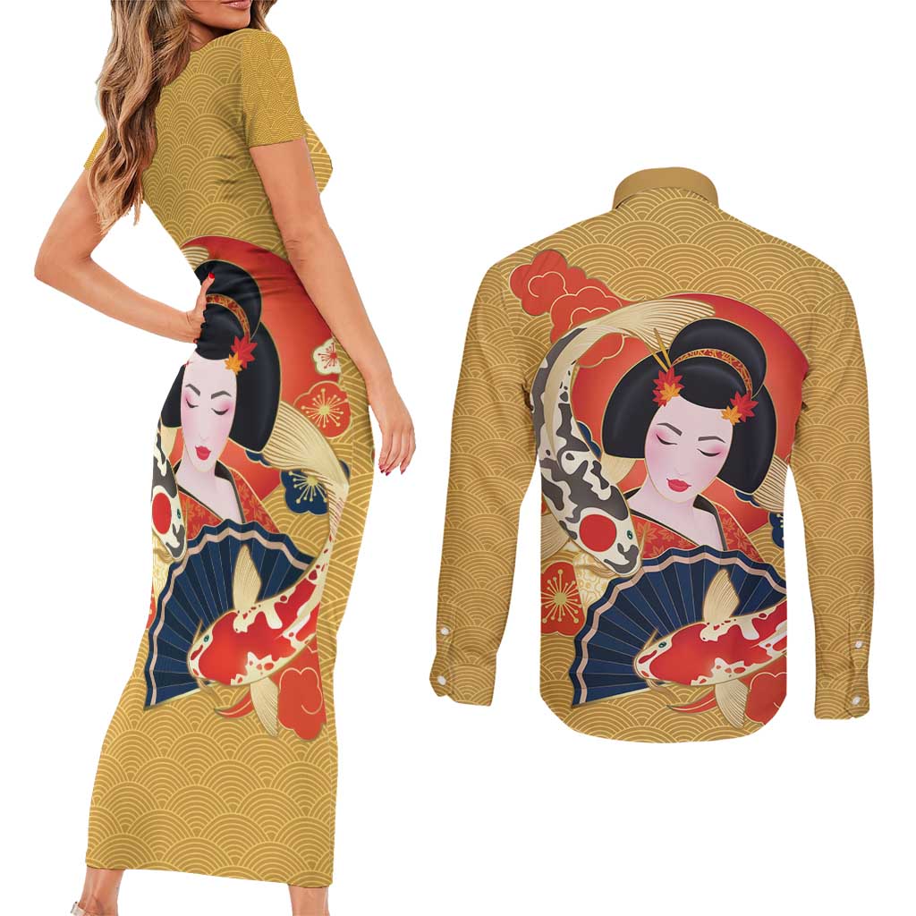 Japanese Geisha Koi Fish Couples Matching Short Sleeve Bodycon Dress and Long Sleeve Button Shirt Cherry Blossoms Yellow Seigaiha Pattern - Wonder Print Shop