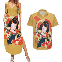 Japanese Geisha Koi Fish Couples Matching Summer Maxi Dress and Hawaiian Shirt Cherry Blossoms Yellow Seigaiha Pattern - Wonder Print Shop