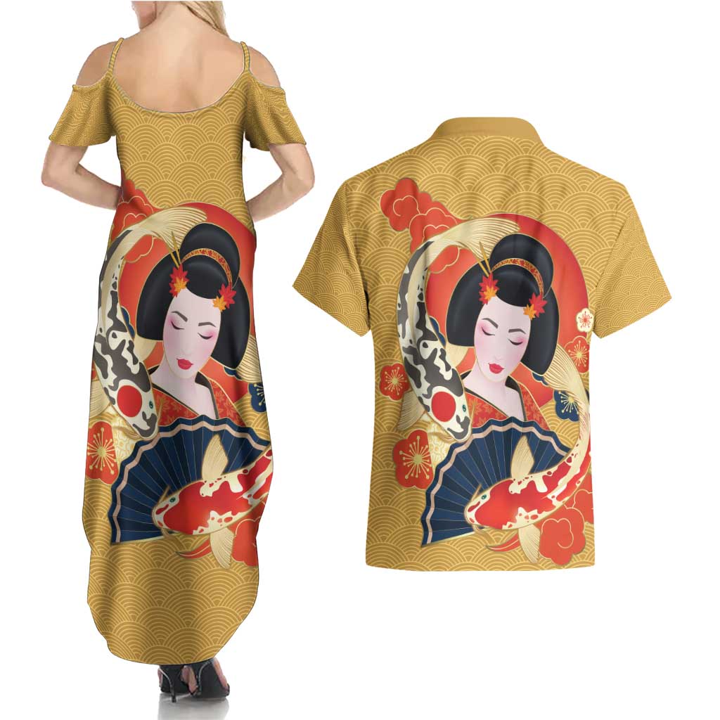 Japanese Geisha Koi Fish Couples Matching Summer Maxi Dress and Hawaiian Shirt Cherry Blossoms Yellow Seigaiha Pattern - Wonder Print Shop