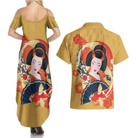 Japanese Geisha Koi Fish Couples Matching Summer Maxi Dress and Hawaiian Shirt Cherry Blossoms Yellow Seigaiha Pattern - Wonder Print Shop