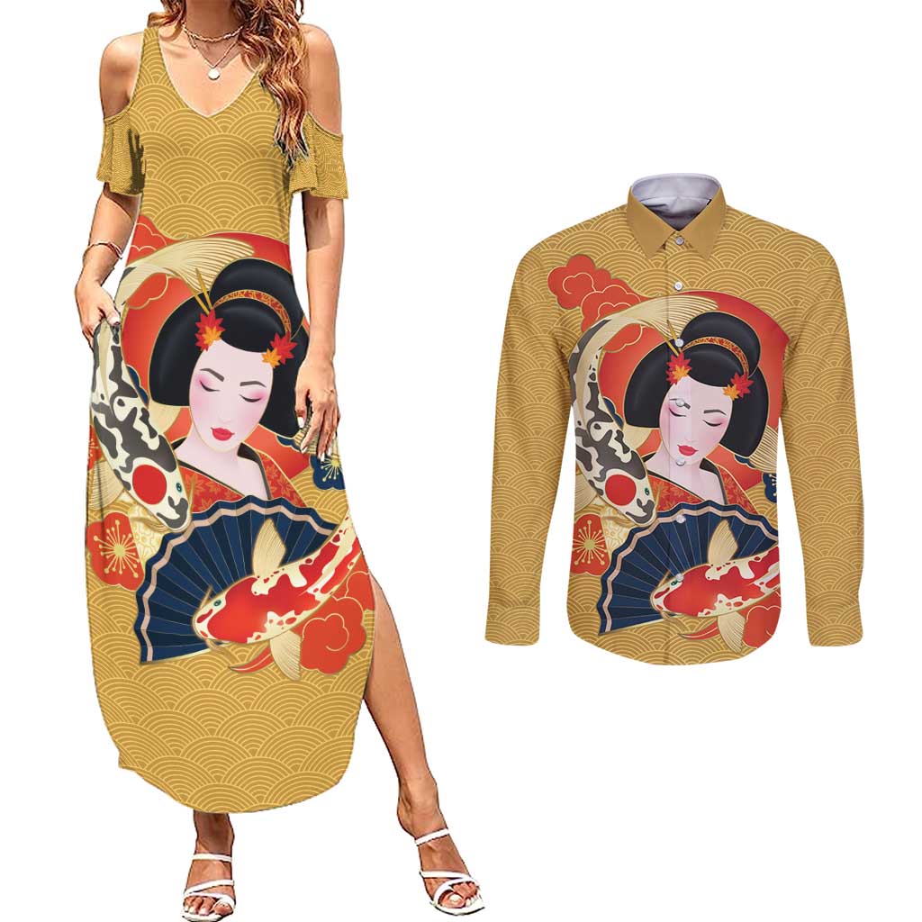 Japanese Geisha Koi Fish Couples Matching Summer Maxi Dress and Long Sleeve Button Shirt Cherry Blossoms Yellow Seigaiha Pattern - Wonder Print Shop