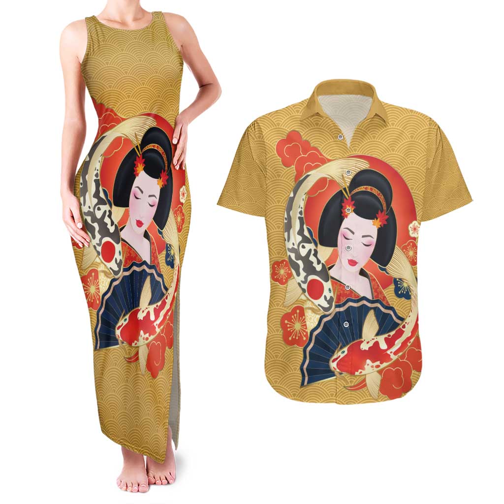 Japanese Geisha Koi Fish Couples Matching Tank Maxi Dress and Hawaiian Shirt Cherry Blossoms Yellow Seigaiha Pattern - Wonder Print Shop