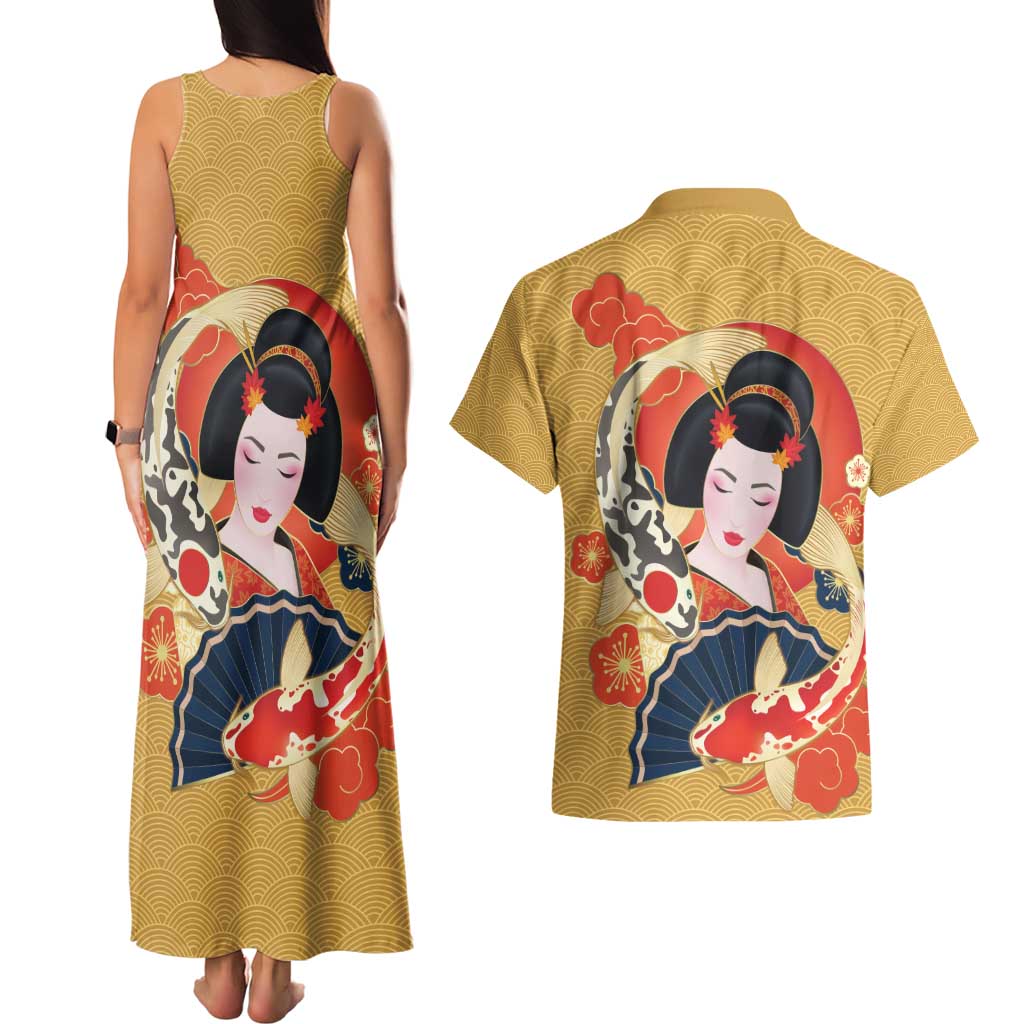 Japanese Geisha Koi Fish Couples Matching Tank Maxi Dress and Hawaiian Shirt Cherry Blossoms Yellow Seigaiha Pattern - Wonder Print Shop