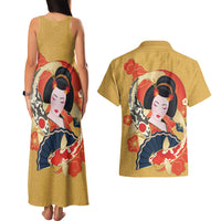 Japanese Geisha Koi Fish Couples Matching Tank Maxi Dress and Hawaiian Shirt Cherry Blossoms Yellow Seigaiha Pattern - Wonder Print Shop