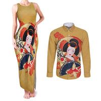 Japanese Geisha Koi Fish Couples Matching Tank Maxi Dress and Long Sleeve Button Shirt Cherry Blossoms Yellow Seigaiha Pattern - Wonder Print Shop