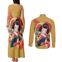 Japanese Geisha Koi Fish Couples Matching Tank Maxi Dress and Long Sleeve Button Shirt Cherry Blossoms Yellow Seigaiha Pattern - Wonder Print Shop