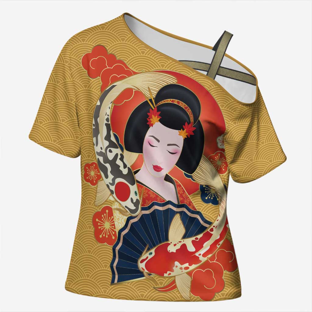 Japanese Geisha Koi Fish Cross Shoulder Shirt Cherry Blossoms Yellow Seigaiha Pattern - Wonder Print Shop