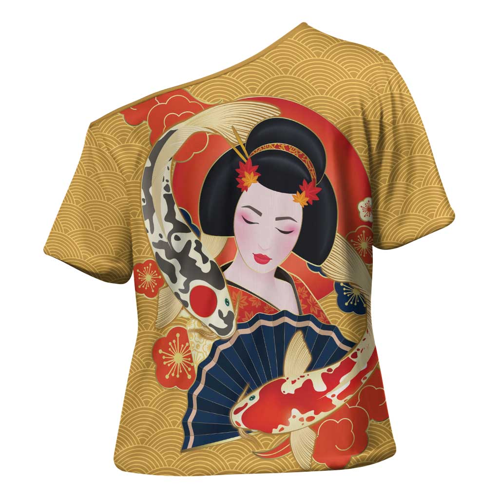 Japanese Geisha Koi Fish Cross Shoulder Shirt Cherry Blossoms Yellow Seigaiha Pattern - Wonder Print Shop