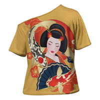 Japanese Geisha Koi Fish Cross Shoulder Shirt Cherry Blossoms Yellow Seigaiha Pattern - Wonder Print Shop