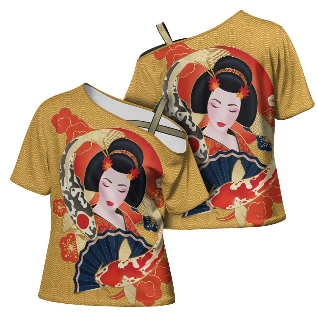Japanese Geisha Koi Fish Cross Shoulder Shirt Cherry Blossoms Yellow Seigaiha Pattern - Wonder Print Shop