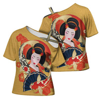 Japanese Geisha Koi Fish Cross Shoulder Shirt Cherry Blossoms Yellow Seigaiha Pattern - Wonder Print Shop