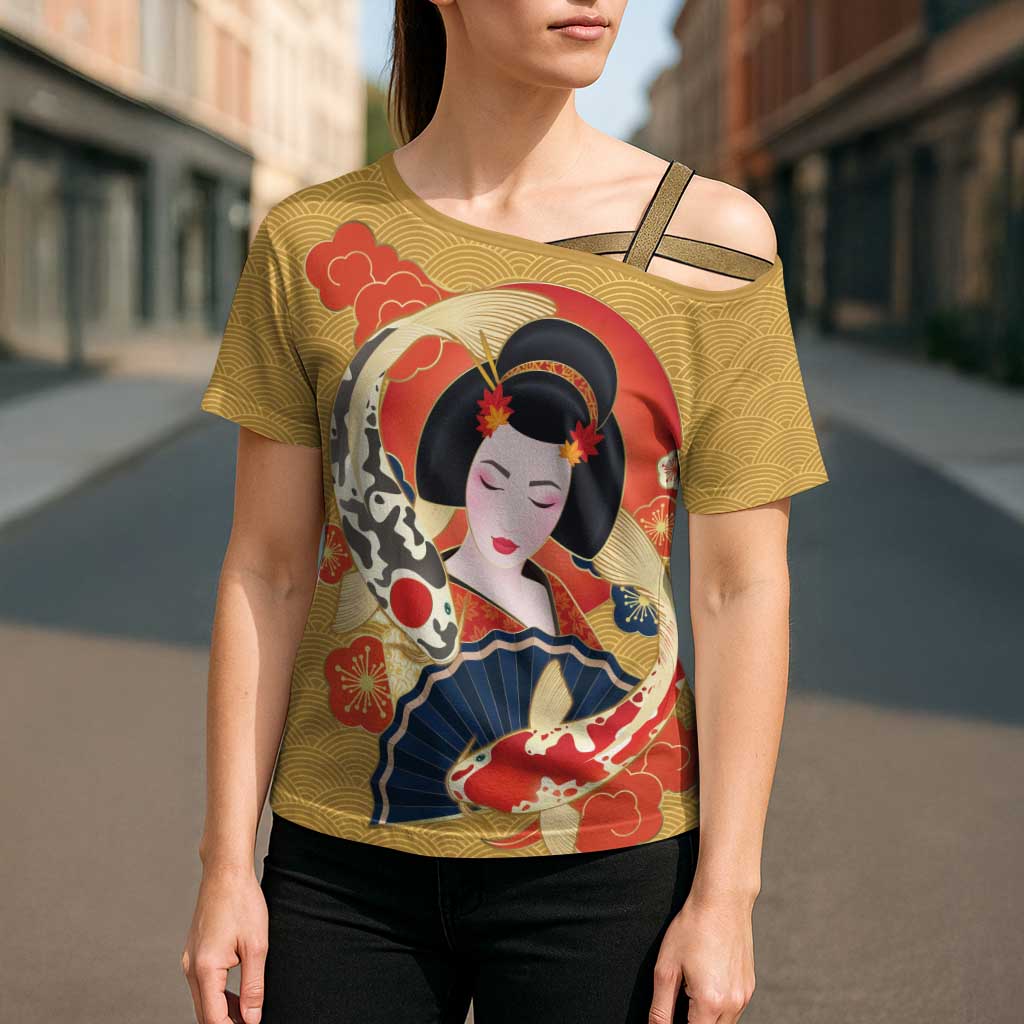 Japanese Geisha Koi Fish Cross Shoulder Shirt Cherry Blossoms Yellow Seigaiha Pattern - Wonder Print Shop