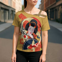 Japanese Geisha Koi Fish Cross Shoulder Shirt Cherry Blossoms Yellow Seigaiha Pattern - Wonder Print Shop