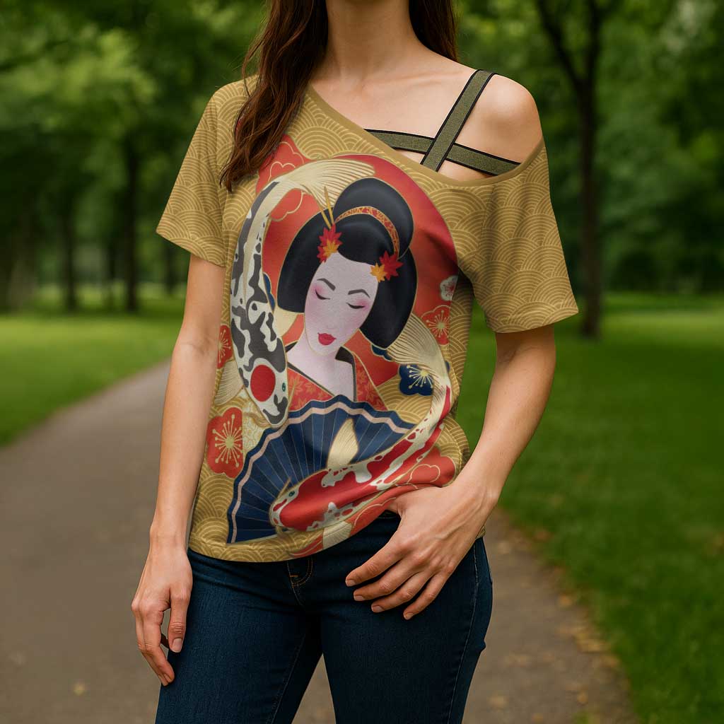 Japanese Geisha Koi Fish Cross Shoulder Shirt Cherry Blossoms Yellow Seigaiha Pattern - Wonder Print Shop