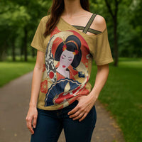 Japanese Geisha Koi Fish Cross Shoulder Shirt Cherry Blossoms Yellow Seigaiha Pattern - Wonder Print Shop