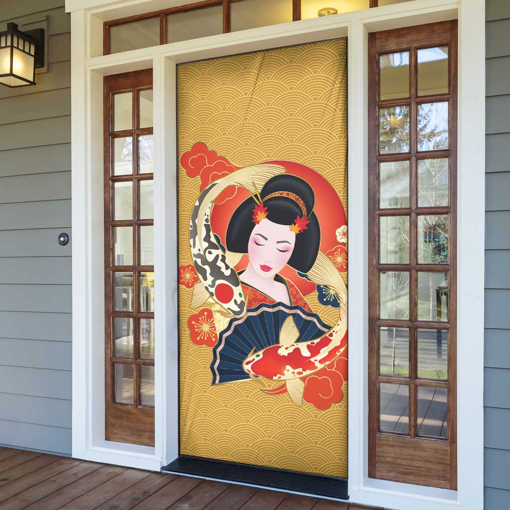 Japanese Geisha Koi Fish Door Cover Cherry Blossoms Yellow Seigaiha Pattern - Wonder Print Shop