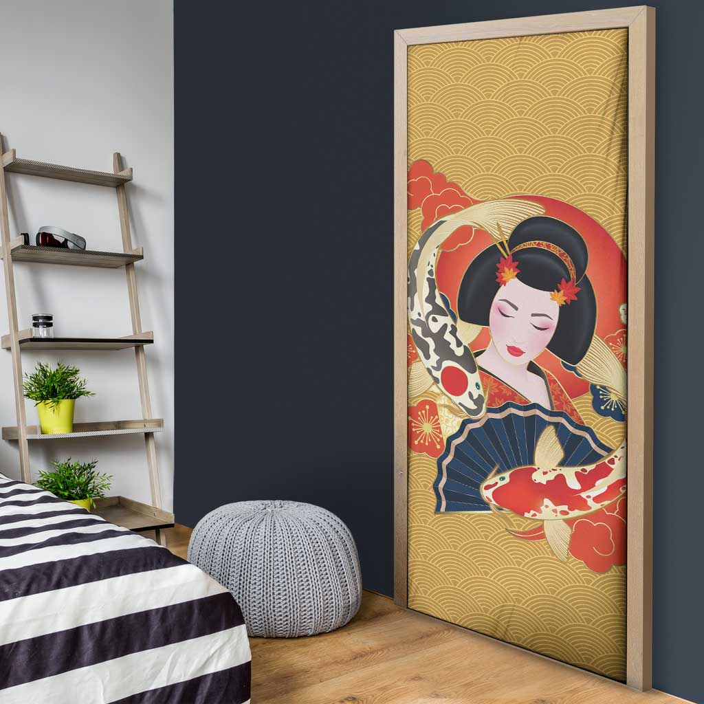 Japanese Geisha Koi Fish Door Cover Cherry Blossoms Yellow Seigaiha Pattern - Wonder Print Shop