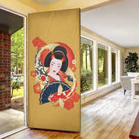Japanese Geisha Koi Fish Door Cover Cherry Blossoms Yellow Seigaiha Pattern - Wonder Print Shop