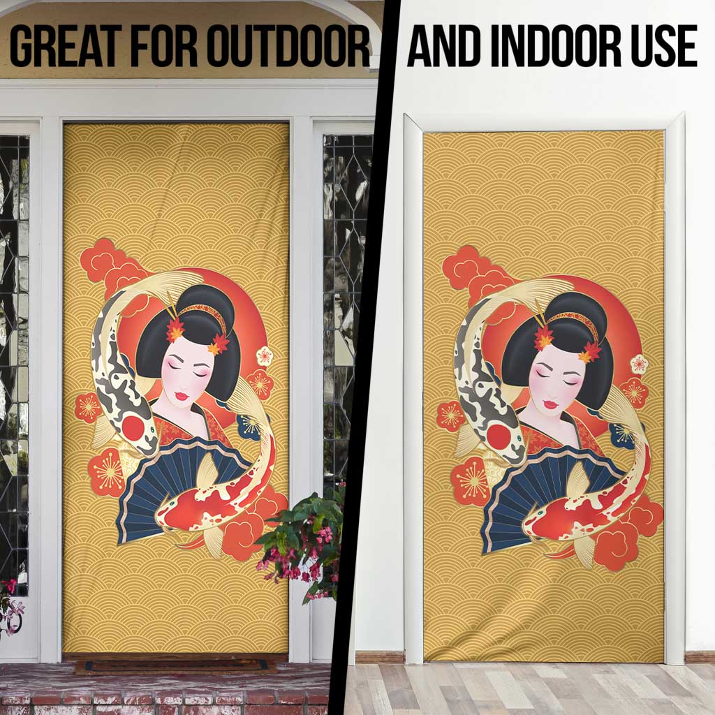 Japanese Geisha Koi Fish Door Cover Cherry Blossoms Yellow Seigaiha Pattern - Wonder Print Shop