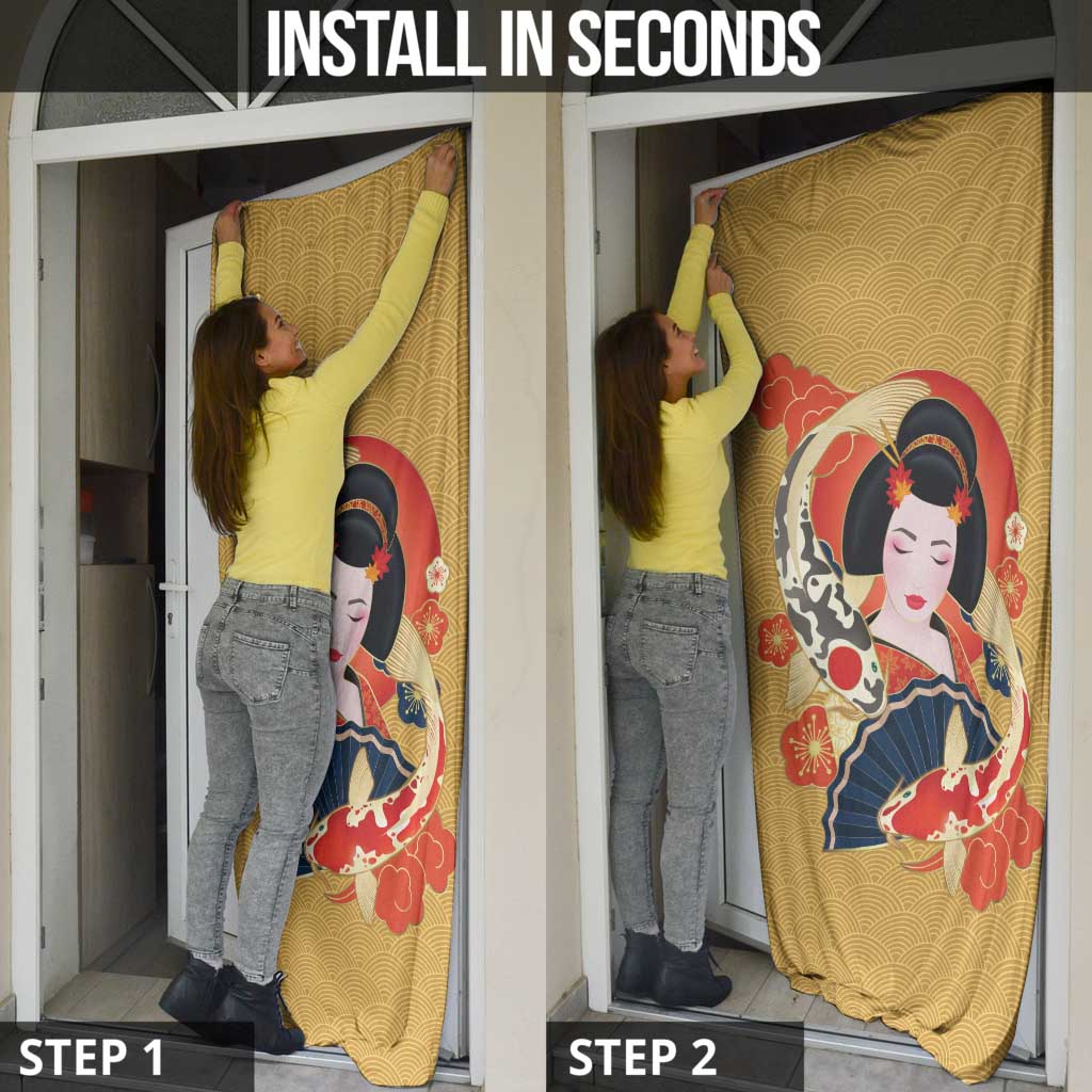 Japanese Geisha Koi Fish Door Cover Cherry Blossoms Yellow Seigaiha Pattern - Wonder Print Shop
