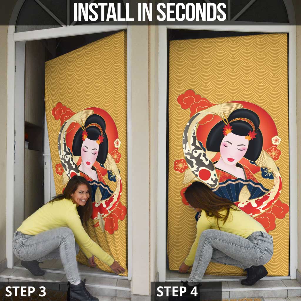 Japanese Geisha Koi Fish Door Cover Cherry Blossoms Yellow Seigaiha Pattern - Wonder Print Shop