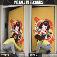 Japanese Geisha Koi Fish Door Cover Cherry Blossoms Yellow Seigaiha Pattern - Wonder Print Shop