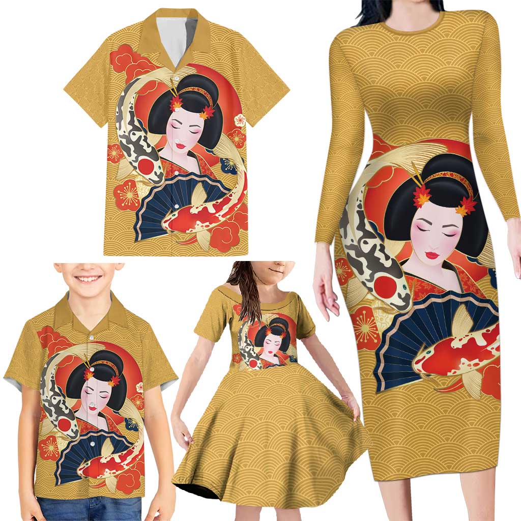 Japanese Geisha Koi Fish Family Matching Long Sleeve Bodycon Dress and Hawaiian Shirt Cherry Blossoms Yellow Seigaiha Pattern - Wonder Print Shop
