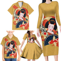 Japanese Geisha Koi Fish Family Matching Long Sleeve Bodycon Dress and Hawaiian Shirt Cherry Blossoms Yellow Seigaiha Pattern - Wonder Print Shop