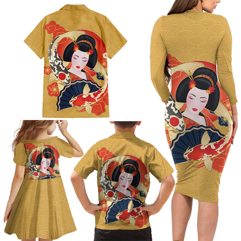 Japanese Geisha Koi Fish Family Matching Long Sleeve Bodycon Dress and Hawaiian Shirt Cherry Blossoms Yellow Seigaiha Pattern - Wonder Print Shop