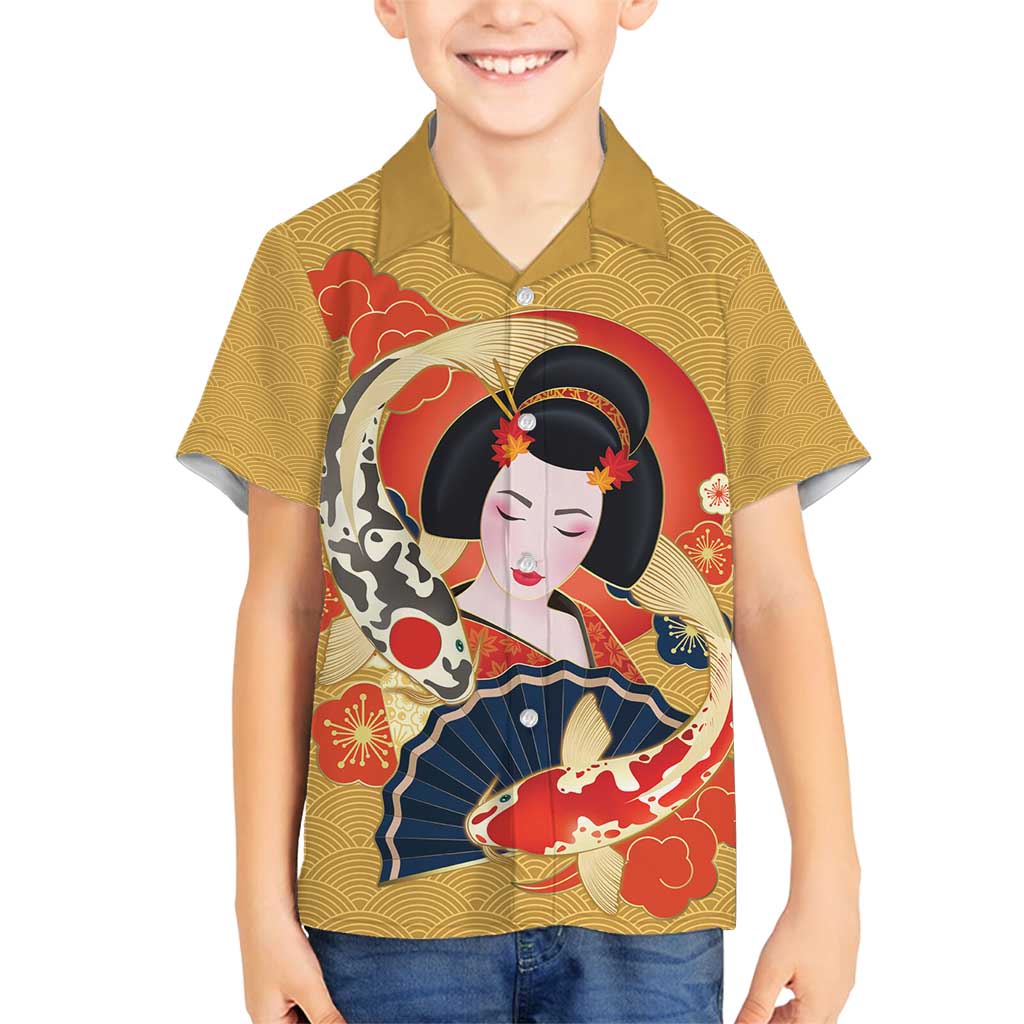 Japanese Geisha Koi Fish Family Matching Long Sleeve Bodycon Dress and Hawaiian Shirt Cherry Blossoms Yellow Seigaiha Pattern - Wonder Print Shop