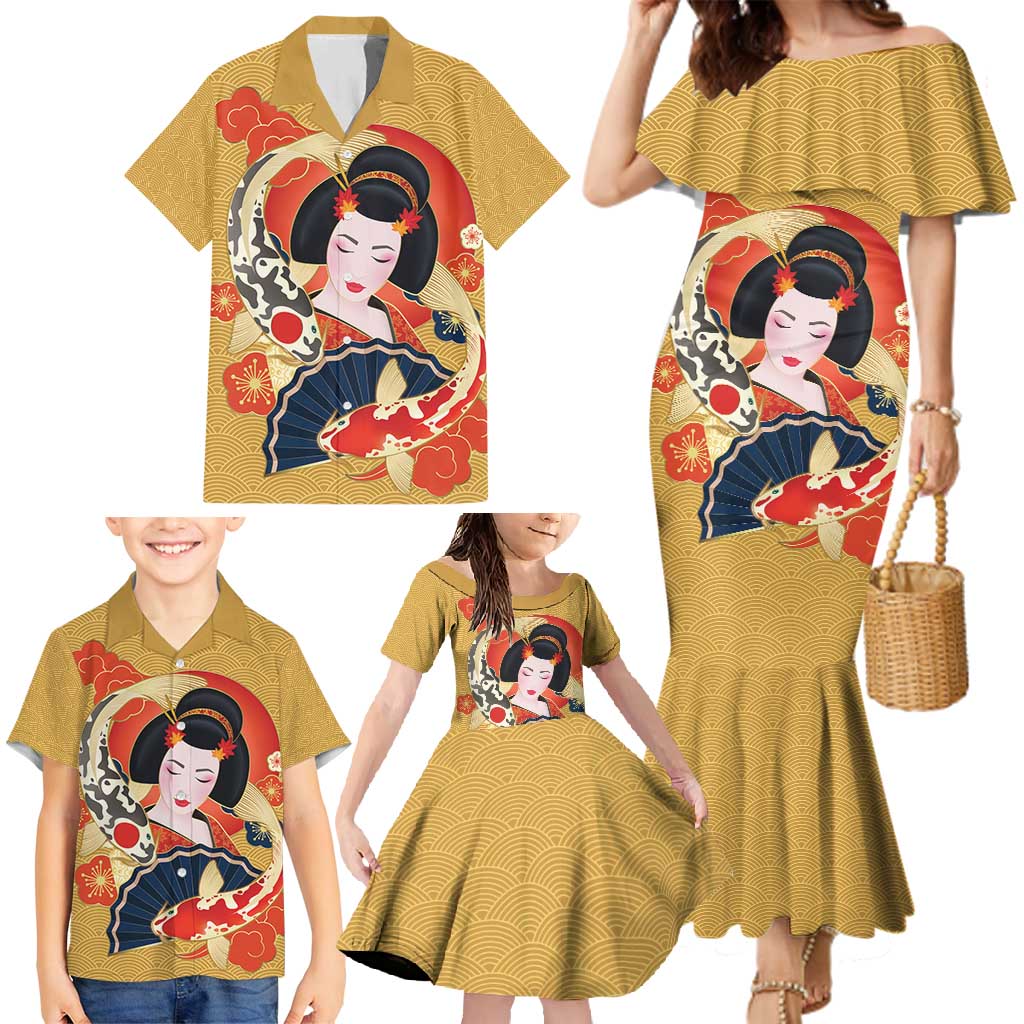 Japanese Geisha Koi Fish Family Matching Mermaid Dress and Hawaiian Shirt Cherry Blossoms Yellow Seigaiha Pattern - Wonder Print Shop