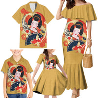 Japanese Geisha Koi Fish Family Matching Mermaid Dress and Hawaiian Shirt Cherry Blossoms Yellow Seigaiha Pattern - Wonder Print Shop