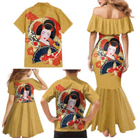 Japanese Geisha Koi Fish Family Matching Mermaid Dress and Hawaiian Shirt Cherry Blossoms Yellow Seigaiha Pattern - Wonder Print Shop