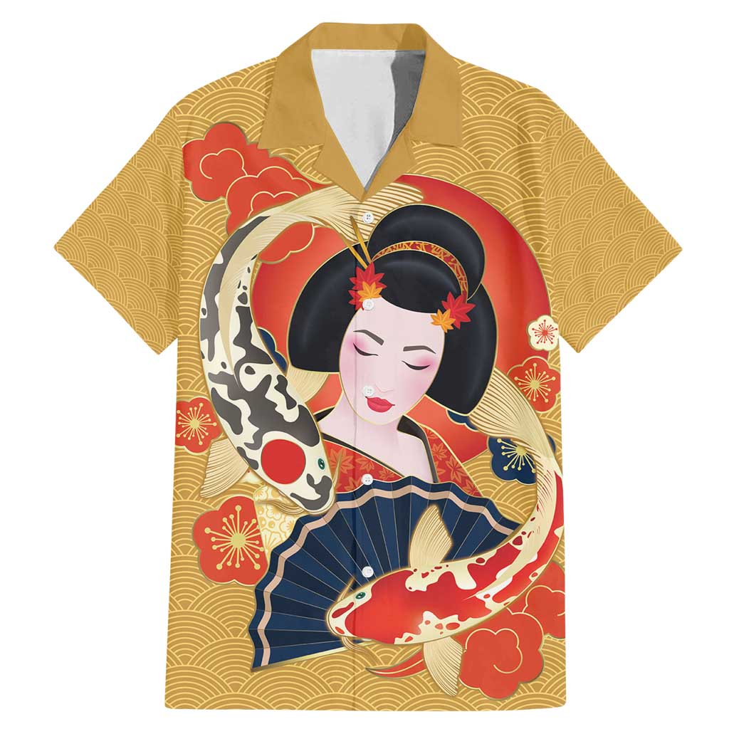 Japanese Geisha Koi Fish Family Matching Mermaid Dress and Hawaiian Shirt Cherry Blossoms Yellow Seigaiha Pattern - Wonder Print Shop