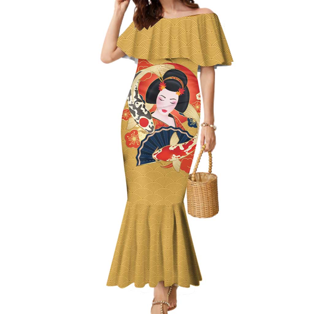 Japanese Geisha Koi Fish Family Matching Mermaid Dress and Hawaiian Shirt Cherry Blossoms Yellow Seigaiha Pattern - Wonder Print Shop