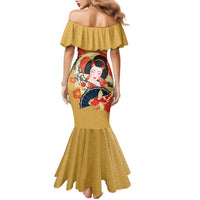 Japanese Geisha Koi Fish Family Matching Mermaid Dress and Hawaiian Shirt Cherry Blossoms Yellow Seigaiha Pattern - Wonder Print Shop