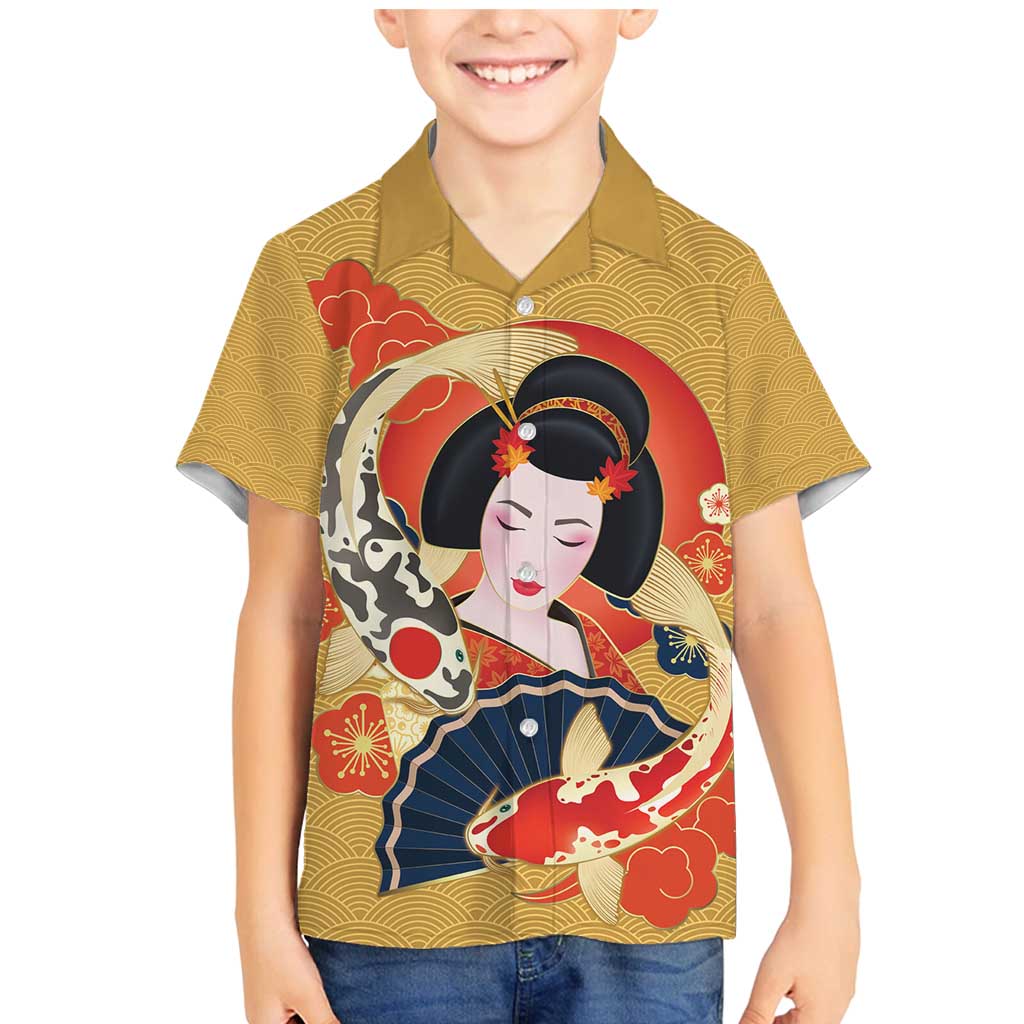 Japanese Geisha Koi Fish Family Matching Mermaid Dress and Hawaiian Shirt Cherry Blossoms Yellow Seigaiha Pattern - Wonder Print Shop