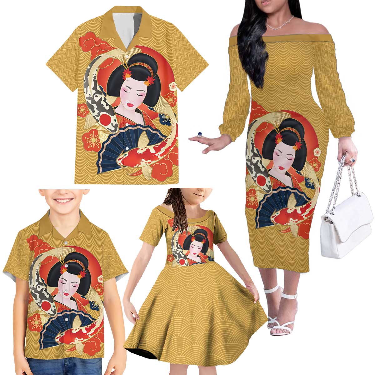 Japanese Geisha Koi Fish Family Matching Off The Shoulder Long Sleeve Dress and Hawaiian Shirt Cherry Blossoms Yellow Seigaiha Pattern - Wonder Print Shop