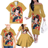 Japanese Geisha Koi Fish Family Matching Off The Shoulder Long Sleeve Dress and Hawaiian Shirt Cherry Blossoms Yellow Seigaiha Pattern - Wonder Print Shop