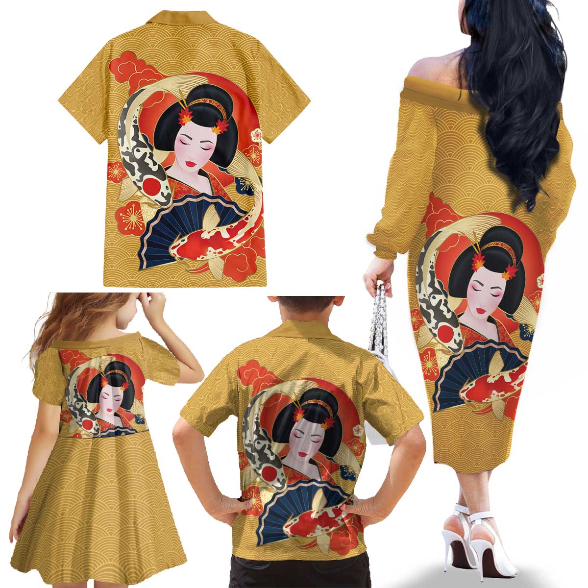 Japanese Geisha Koi Fish Family Matching Off The Shoulder Long Sleeve Dress and Hawaiian Shirt Cherry Blossoms Yellow Seigaiha Pattern - Wonder Print Shop