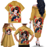 Japanese Geisha Koi Fish Family Matching Off The Shoulder Long Sleeve Dress and Hawaiian Shirt Cherry Blossoms Yellow Seigaiha Pattern - Wonder Print Shop