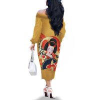 Japanese Geisha Koi Fish Family Matching Off The Shoulder Long Sleeve Dress and Hawaiian Shirt Cherry Blossoms Yellow Seigaiha Pattern - Wonder Print Shop