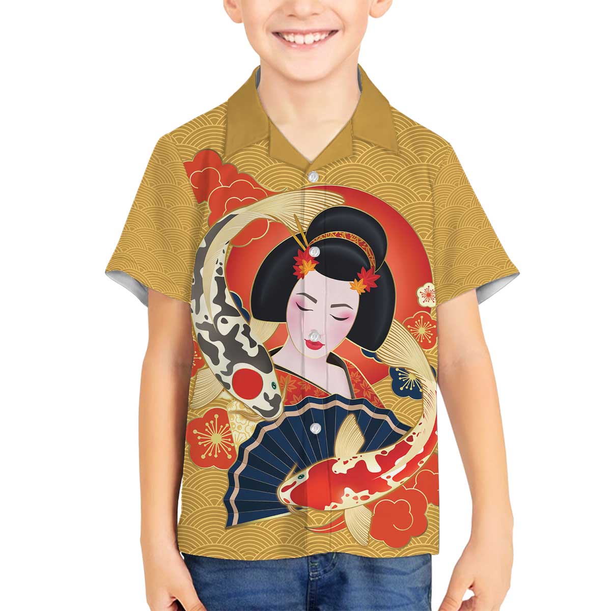 Japanese Geisha Koi Fish Family Matching Off The Shoulder Long Sleeve Dress and Hawaiian Shirt Cherry Blossoms Yellow Seigaiha Pattern - Wonder Print Shop