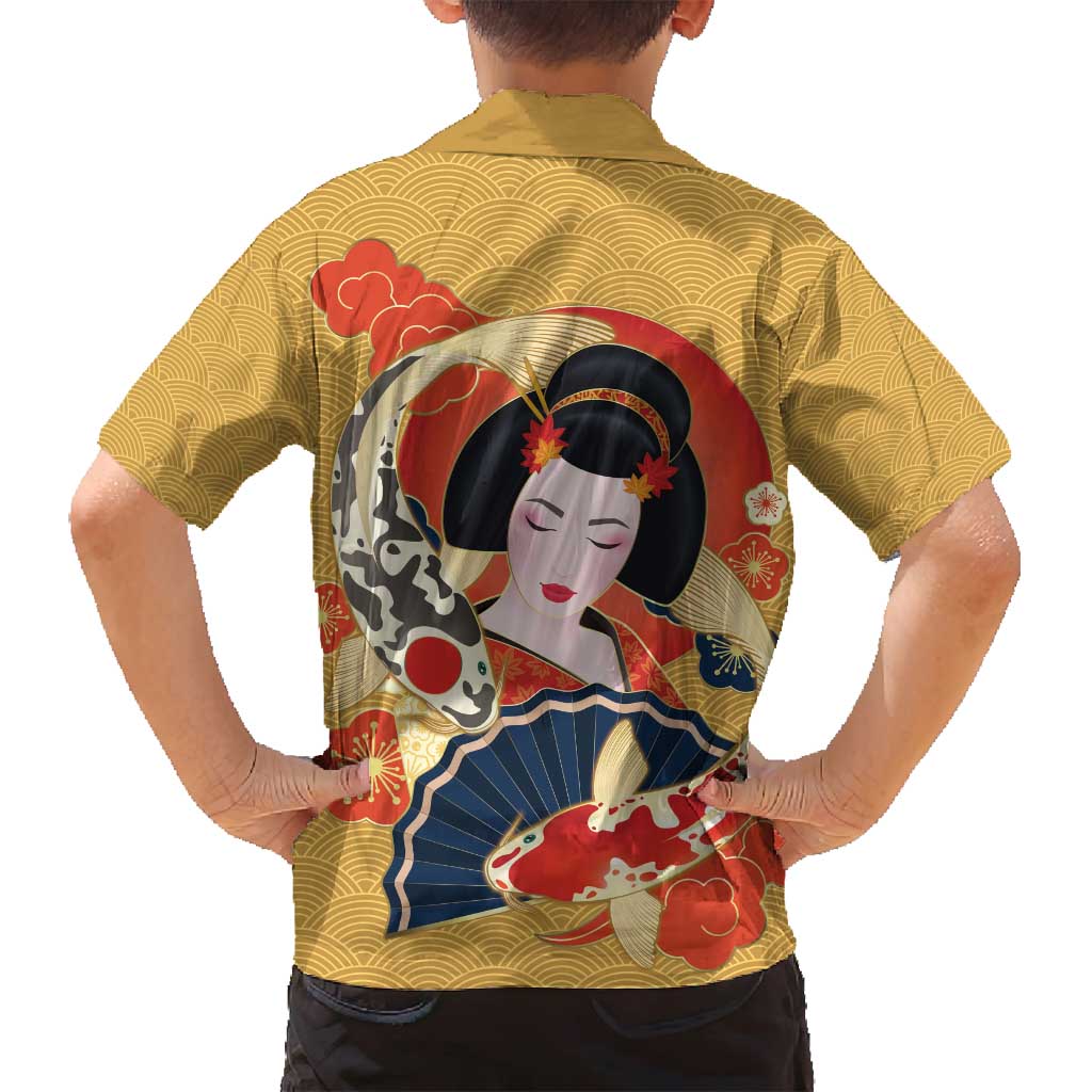 Japanese Geisha Koi Fish Family Matching Off Shoulder Maxi Dress and Hawaiian Shirt Cherry Blossoms Yellow Seigaiha Pattern - Wonder Print Shop