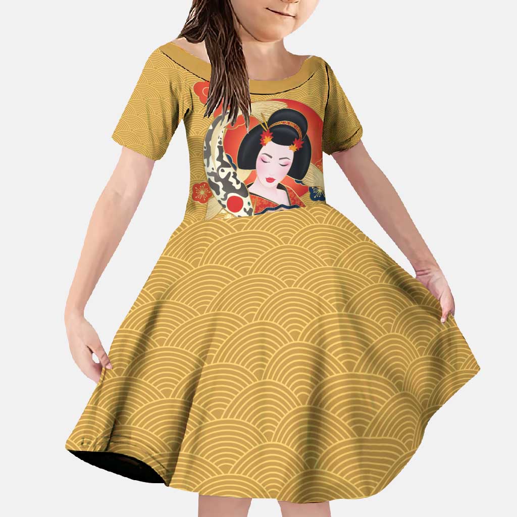 Japanese Geisha Koi Fish Family Matching Off Shoulder Maxi Dress and Hawaiian Shirt Cherry Blossoms Yellow Seigaiha Pattern - Wonder Print Shop