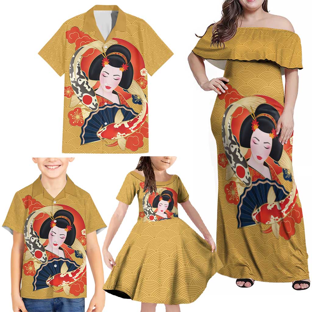 Japanese Geisha Koi Fish Family Matching Off Shoulder Maxi Dress and Hawaiian Shirt Cherry Blossoms Yellow Seigaiha Pattern - Wonder Print Shop